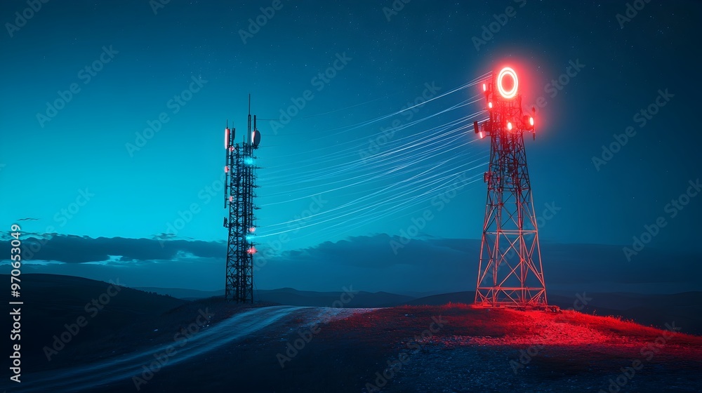 Aufkleber glowing signal tower with light trail representing data transmission at night