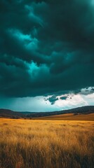 Stormy sky over golden field, dramatic nature