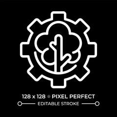 Forest management white linear icon for dark theme. Resource management. Environmental conservation. Tree and gear. Thin line illustration. Isolated symbol for night mode. Editable stroke