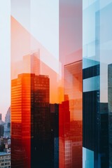 Obraz premium A cityscape collage where buildings have transparent, glassmorphism facades reflecting neon lights