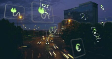 Animation of network of eco icons over cityscape - Powered by Adobe