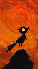 Fototapeta premium Silhouette of a Bird on a Rock Against an Orange Sunset