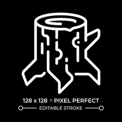 Stump white linear icon for dark theme. Tree removal. Deforestation sign. Logging industry. Forest management. Chopping wood. Thin line illustration. Isolated symbol for night mode. Editable stroke