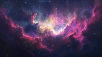 Fototapeta premium A vibrant nebula with swirling clouds of pink, purple, and yellow gas against a backdrop of twinkling stars.
