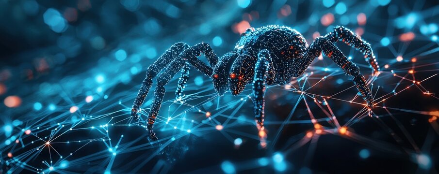 A 3D digital spider web with a search engine robot navigating it, symbolizing the web-crawling function of search engines