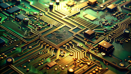 Fototapeta premium High tech circuit board background, detailed green and gold circuits. Science, IT, technology