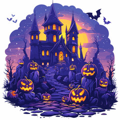 A castle with a large moon in the background and bats flying around it. The castle is surrounded by pumpkins with their faces lit up