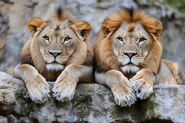 Two lions resting side by side, showcasing their majestic features and expressive eyes.
