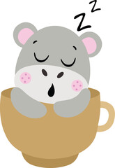 Cute hippo sleeping inside a cup