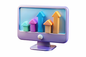 3D Desktop with Holographic Profit Arrows - White Surface Computer Concept Ideal for Finance and Business Themes with Copy Space - 3D Icon Isolated on White Background