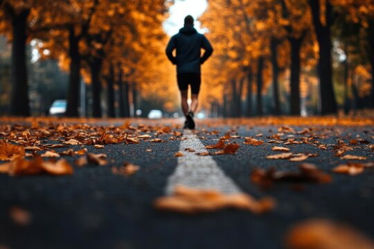 A solitary runner jogs along a peaceful autumn road adorned with fallen leaves, capturing the essence of seasonal fitness.