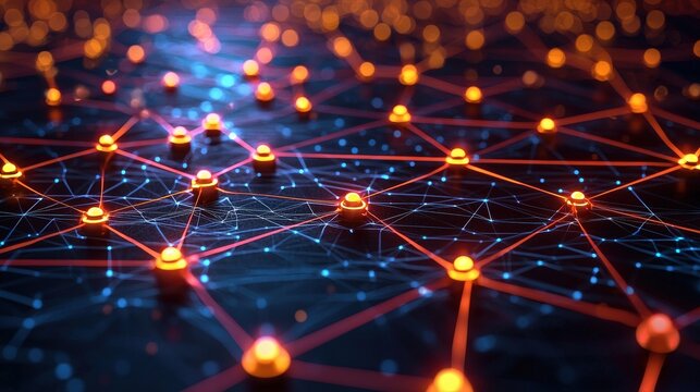 A 3D network of search engine icons connected by glowing threads, symbolizing the interconnectedness of digital searches