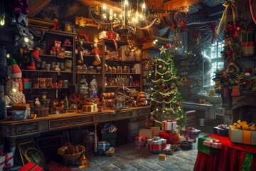 Christmas festive background with an old magical workshop full of gifts and a Christmas tree, in the style of fantasy