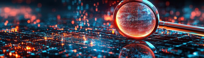 A 3D magnifying glass highlighting key data points in a floating digital grid, symbolizing targeted searches