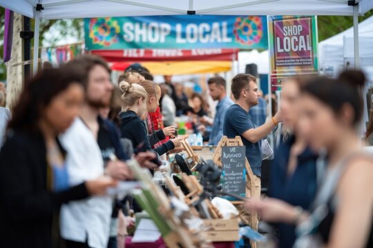 Crowded Farmers Market with Vendors and Shoppers Promoting Local Products and Goods Image