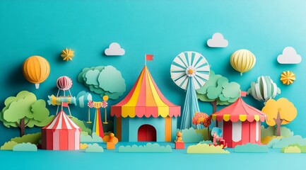 Fototapeta premium Colorful Paper Craft Carnival with Tents Ferris Wheel and Balloons