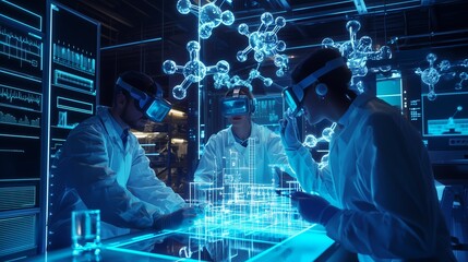 Scientists in VR headsets interacting with digital model.