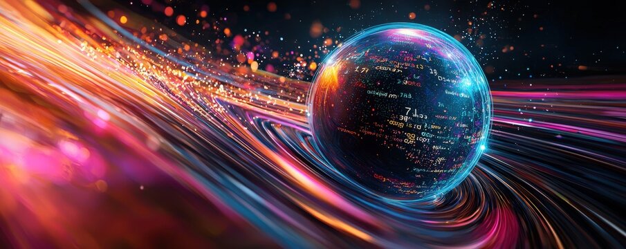 A 3D search engine globe with swirling search queries around it, representing the dynamic nature of internet searches