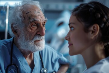 Fototapeta premium Female nurse talking and taking care of senior old man at hospital