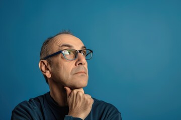 Obraz premium Mature man in glasses pondering decision isolated on blue.