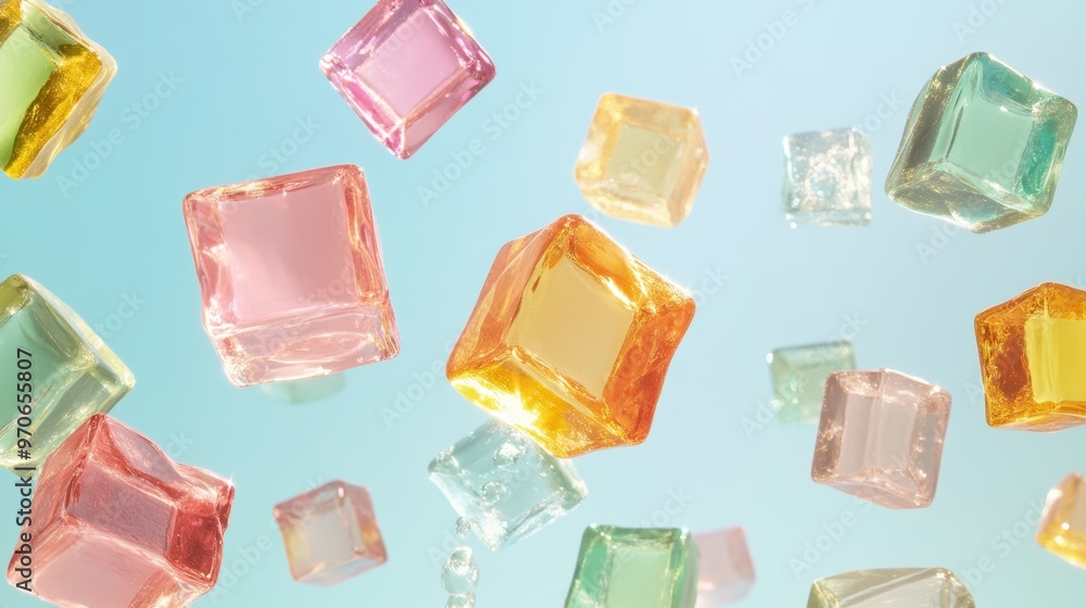 Aufkleber a dynamic scene of colorful glass cubes floating in the air, creating an abstract and playful compos