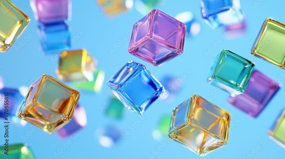 Aufkleber a dynamic scene of colorful glass cubes floating in the air, creating an abstract and playful compos