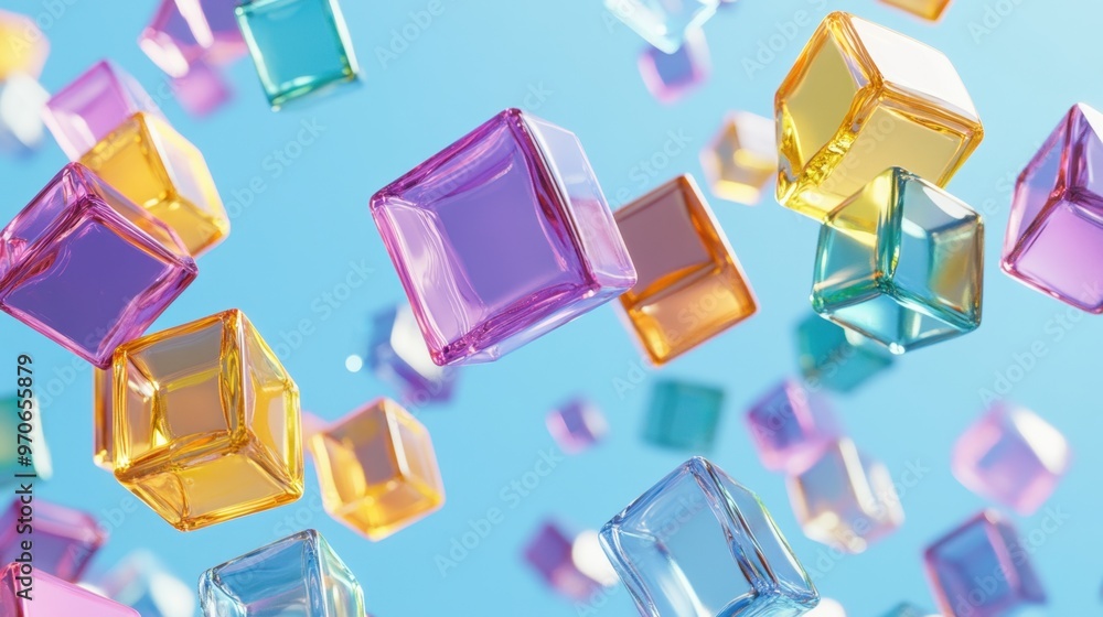 Aufkleber a dynamic scene of colorful glass cubes floating in the air, creating an abstract and playful compos
