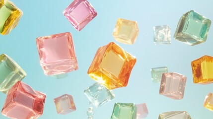 A dynamic scene of colorful glass cubes floating in the air, creating an abstract and playful composition against a soft blue background. The cubes have various colors like pink, orange, yellow