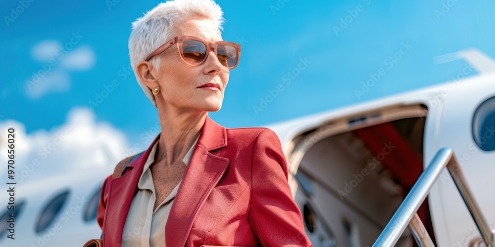 Wall mural A woman in a red blazer and sunglasses stands by a private jet. AI.