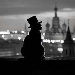 Mysterious Cat Silhouette with Top Hat and Urban Lights