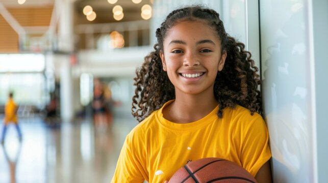 A young girl smiles while holding a basketball. AI.