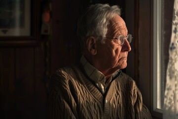 Portrait of Elderly man looking out window
