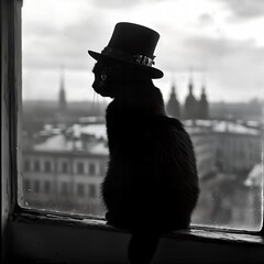 Black Cat in a Hat Against a City Skyline at Night