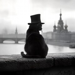Silhouette of a Cat with Top Hat Overlooking City