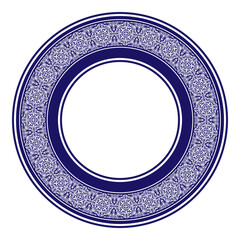 
Blue white round traditional ethnic ornament frame. Traditional ornament of middle Asia, frame, border for design plates, textile, of clothes, yurts, felt, yurts, embroidery and print. Circle frame. 
