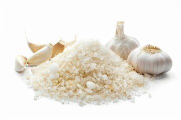 A fresh Garlic salt and Garlic salt Power isolated on white