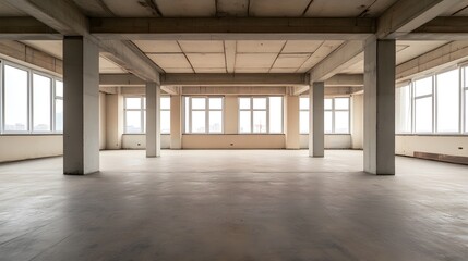 Fototapeta premium Interior View of a Building Under Construction: Exposed Framework and Raw Concrete Floors.