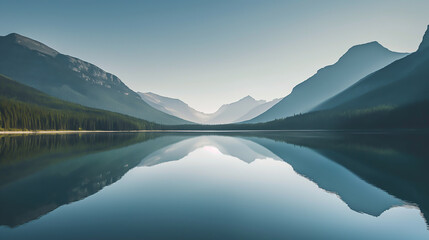 a serene lake reflection, perfect symmetry, mountain backdrop