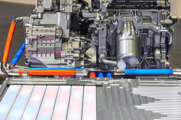 Hybrid motor vehicle detail. Automotive industry. Sustainable energy.