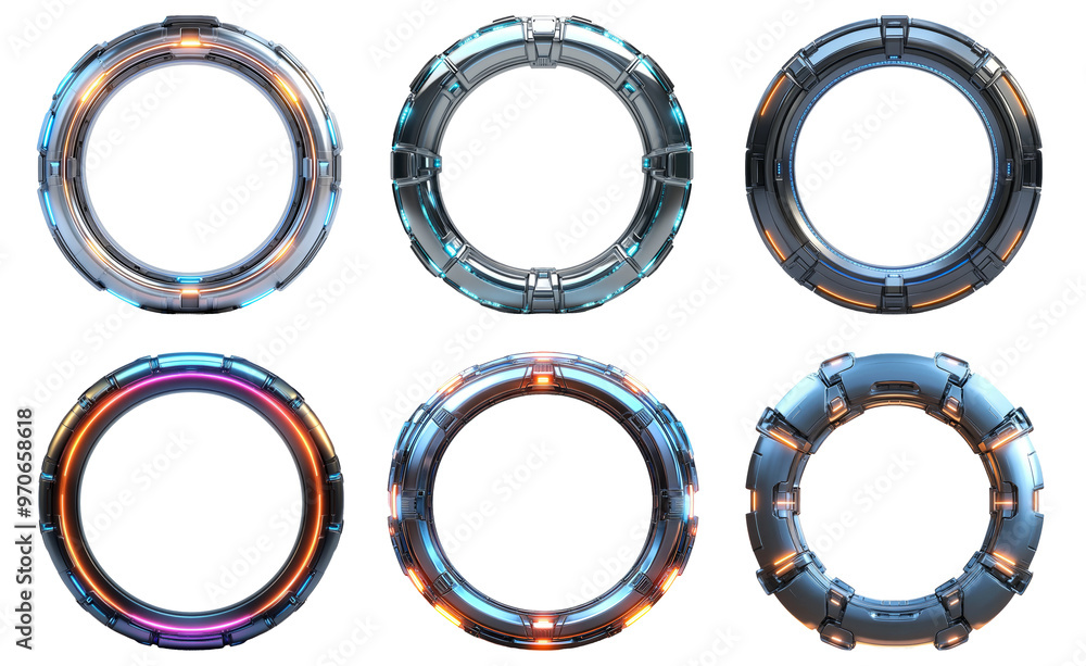 Sticker circular industrial ring designs in futuristic style isolated on transparent background