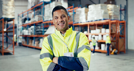 Happy, crossed arms and portrait of supply chain worker in warehouse for logistics delivery....