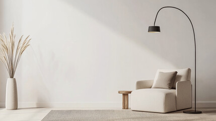Quiet reading room corner with an elegant chair, a lamp and ample copyspace, Residential interior design composition
