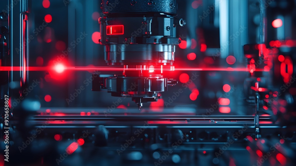 Poster laser experiment with glowing beams reflecting off mirrors and