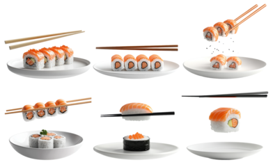 Assorted sushi rolls with chopsticks on plates in various arrangements isolated on transparent background