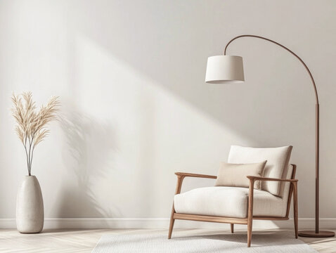 Quiet reading room corner with an elegant chair, a lamp and ample copyspace, Residential interior design composition