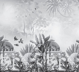 Traditional Mughal garden and seated queen frame illustration,Mughal dancing woman in a garden with arch peacock bird and flower illustration