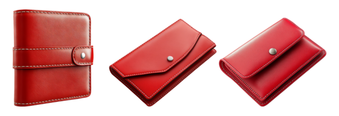 Red leather wallets and card holders isolated on transparent background