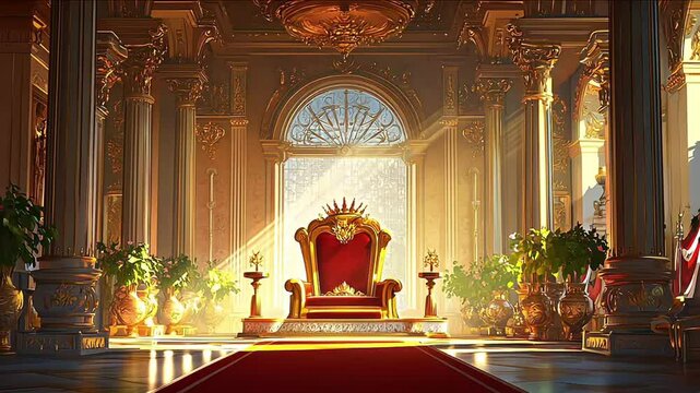 Throne of golden throne sat on pedestal with golden crown in the hall of a castle, with red carpet and wall curtains, flags, columns, chandelier, roses and candles