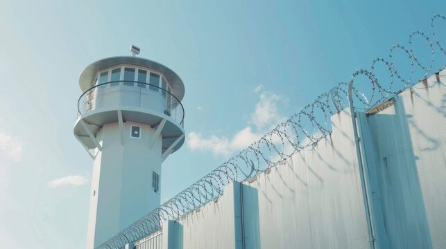 Prison watchtower protected by wire of prison fence. White prison wall and guard tower with coiled barbed wire. Criminal justice imprisonment concept