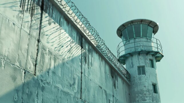 Prison watchtower protected by wire of prison fence. White prison wall and guard tower with coiled barbed wire. Criminal justice imprisonment concept